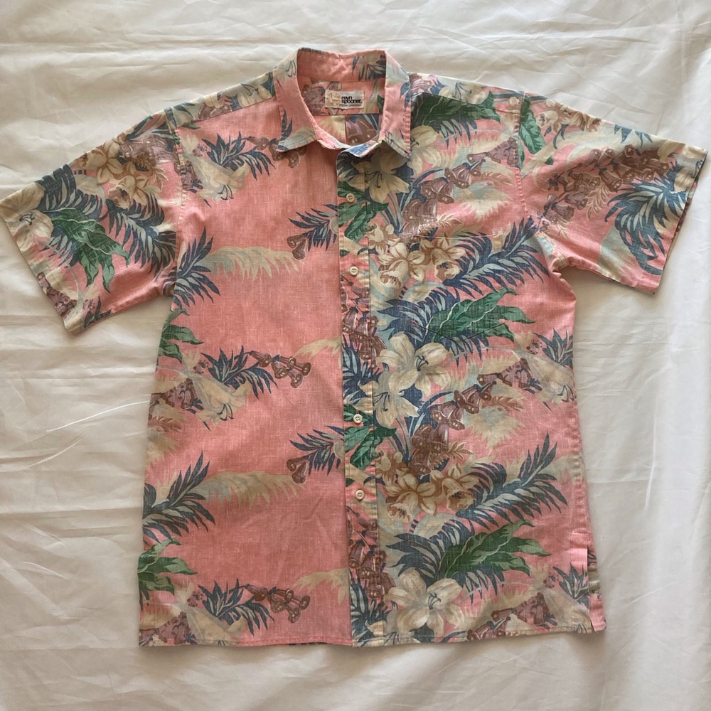 RARE VTG 80’s Reyn Spooner Gold Nude Label Hawaiian Shirt Pink Floral Med Men’s